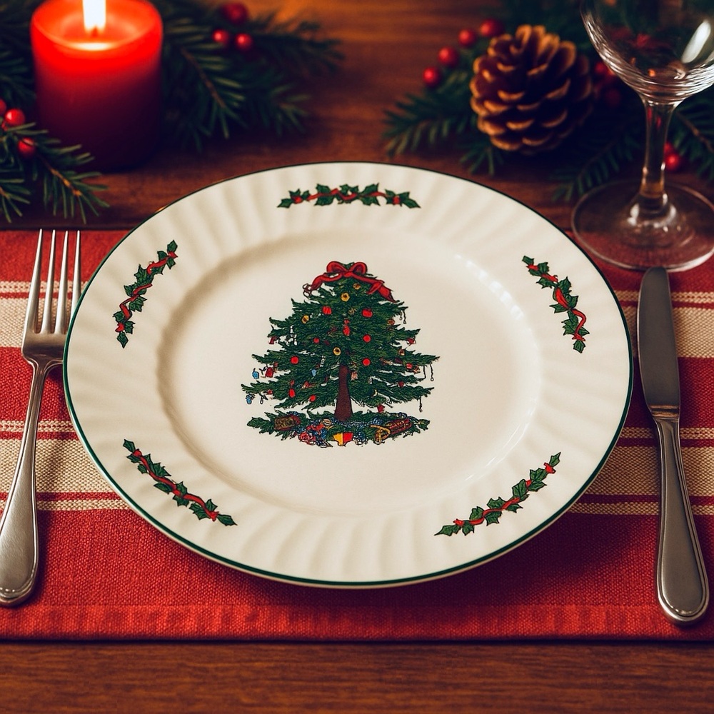 Christmas Village Christmas Tree Dinner Plate – 10.5” Porcelain Display Piece - Picture 3 of 4